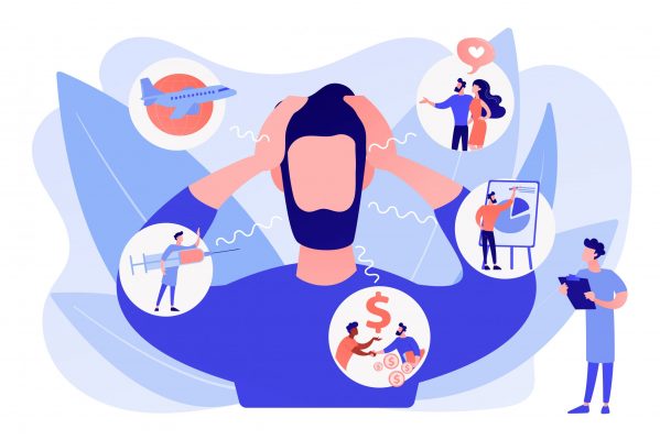 Introversion, agoraphobia, public spaces phobia. Mental illness, stress. Social anxiety disorder, anxiety screening test, anxiety attack concept. Pinkish coral bluevector isolated illustration